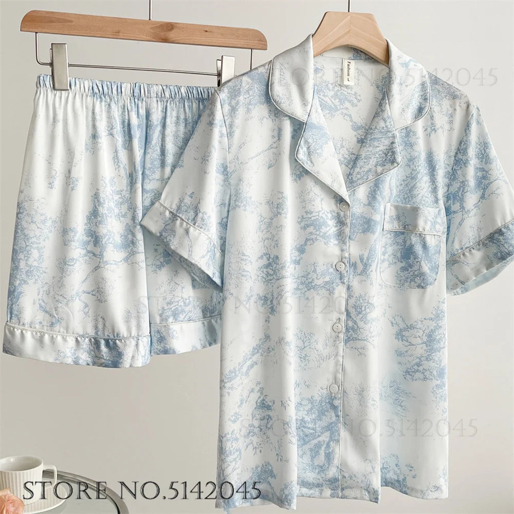 Fashion Print Flower 2PCS Pajamas Set Women Sleepwear Spring Summer Trouser Suits Lounge Wear Loose Satin Homewear Pijamas Suit - Matrix-studios.com