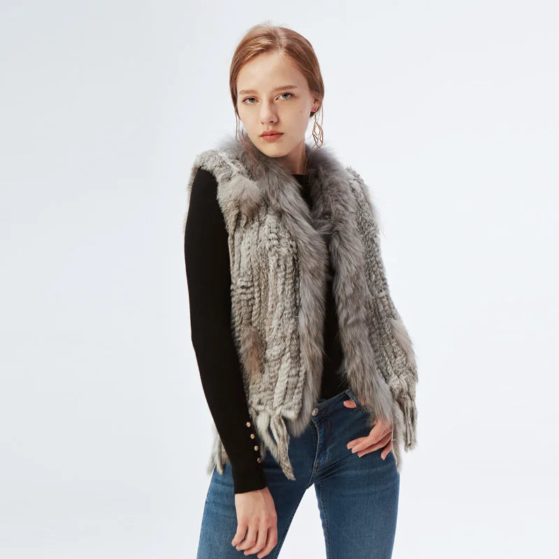 Women's Real Rabbit Fur Vest Knit Natural Leather Tassel Waistcoat Raccoon Fur Collar Winter Knitted Jacket Coat Wholesale - Matrix Studios