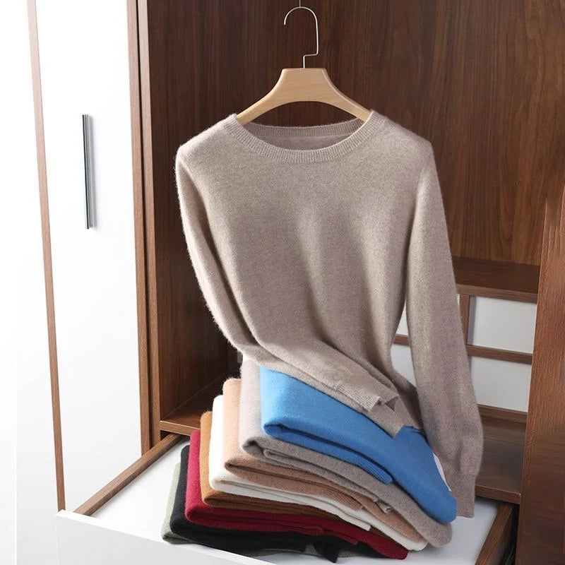 Women Slim O-Neck Pullover Cashmere Wool Blending Sweater Autumn And Winter Long-Sleeved Knit Bottoming Shirt Large Size 2024 - Matrix Studios