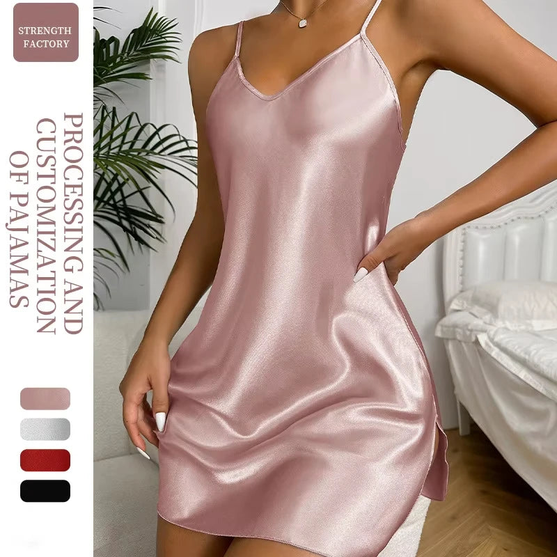 Women's small fresh short dress home casual breathable pajamas nightdress imitation silk home wear - Matrix-studios.com