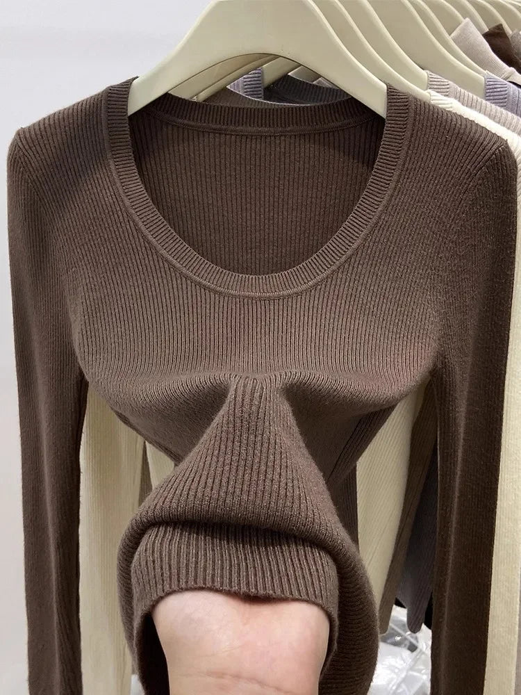 Zjaiss Solid Color O-neck Knitted Pullovers 2026 Women's Autumn Winter New Slim Fit Sweater Soft Warm Simple Base Layer Top - Matrix Studios