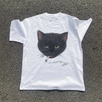 Y2k Smocking Cat Graphic Print Punk 90s Grunge Retro Rock Hip-hop Vintage Style White Crop Top Tee E-girl Sexy Emo T-shirt