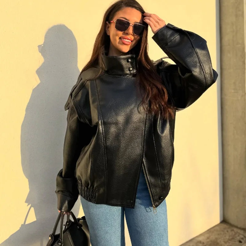 HXAO Black Jacket Women's Coat Faux Leather Jacket Outerwears Demi-Season Bomber Moto Biker Zipper Jacket High Neck Short Coat - Matrix Studios