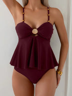 Cikini 2pcs Women Summer Elegant Resort Brown Shell Metallic Beaded Tankini With Cover Up Swimwear Set - Matrix-studios.com