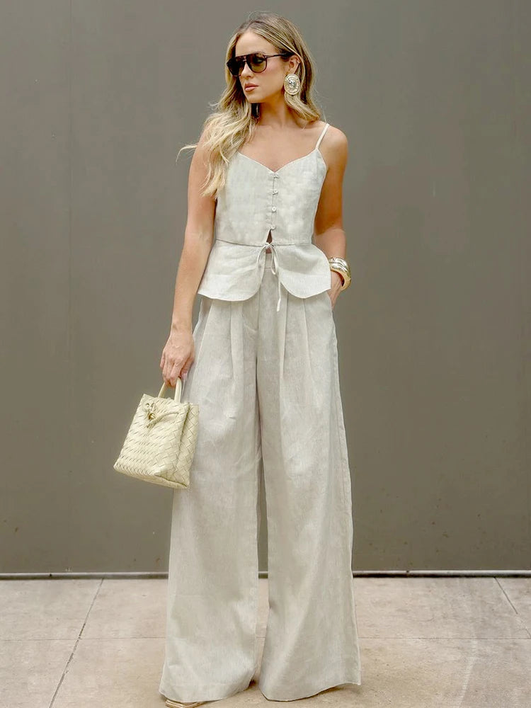 Mueyaruho Women 2026 Summer Office Pant Set Suits Solid Beige Outfits 2 Two Piece Wide Leg Matching Set For Women - Matrix-studios.com