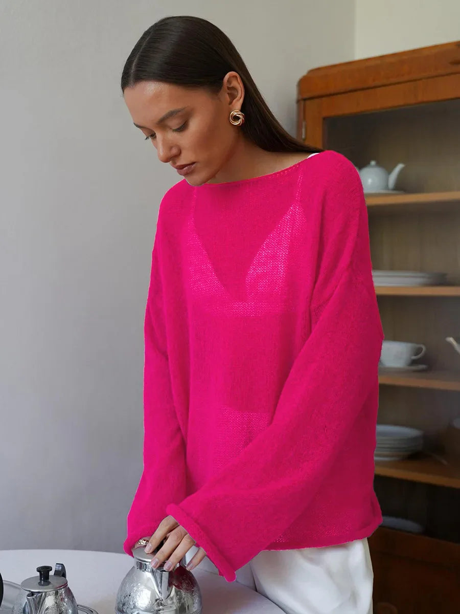 Talenza Hollow Knitted Sweater Pullover Women's Solid See-through O-Neck Long Sleeve Knitted T-Shirt Loose Casual Pullover 2026 - Matrix Studios
