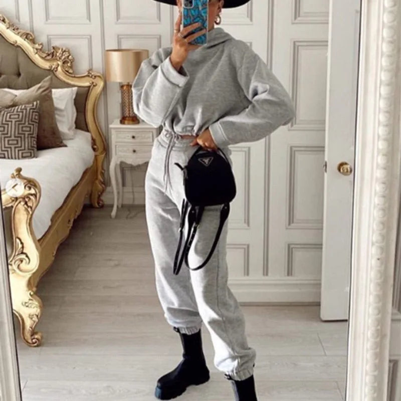 Winter Tracksuit Women Two Piece Set - Oversized Hoodie Sweatpants Solid Color Sportswear Suit |Casual Sweatshirt Trouser Set - Matrix-studios.com