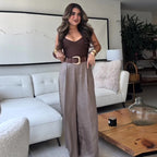 HXAO Women's Pants High Waist Wide Leg Pants with Belt Satin Long Trousers Pockets Casual Baggy Pants Summer Elegant Lady Pants