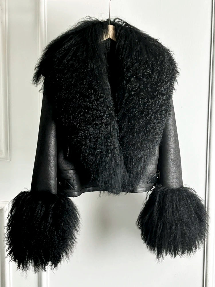 Janveny Luxury Natural Mongolian Sheep Fur Coat Women Winter Short Faux Leather Jacket Female Moto Biker Thick Outwear - Matrix Studios
