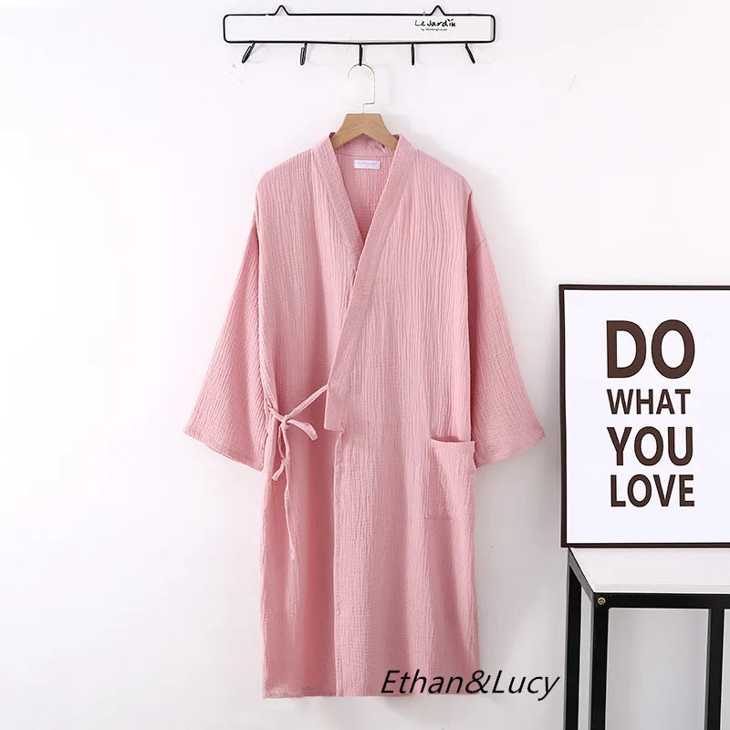 Couples Crepe Gauze Bathrobe Solid 100% Cotton Robe Long-sleeved V-neck Kimono Wedding Robes Sleepwear Plus Size Dressing Gown - Matrix-studios.com