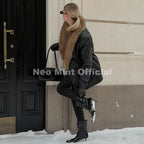 Neo Mint Luxury Brand Fashion Design Black Long Faux Leather Coat Women Detachable Fur Collar Oversized PU Leather Jacket Blazer - Matrix Studios