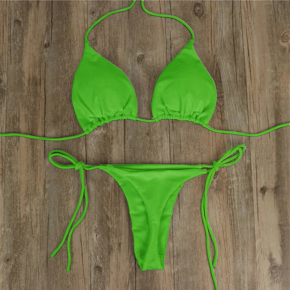 Women Tie Sexy Thong Bikini Set Side Swimsuit Bandage Style Brazilian Swimwear Split Strap Adjustable Solid Female Swimsuit Set - Matrix-studios.com