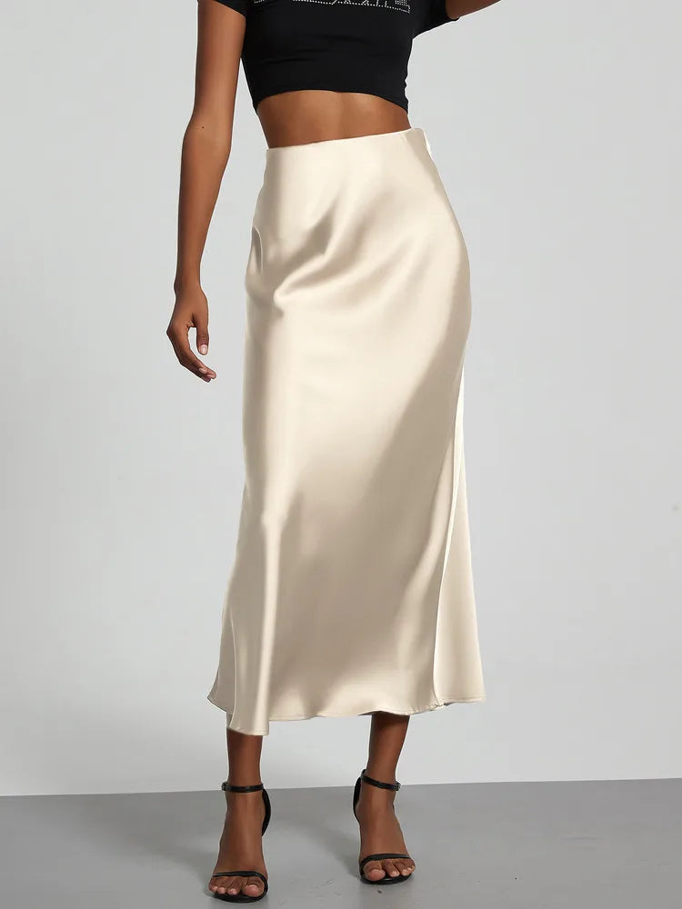 21 Colors New 2026 Women's Elegant High Waist Satin Long Skirts Female Summer Solid Color Faldas - Matrix-studios.com