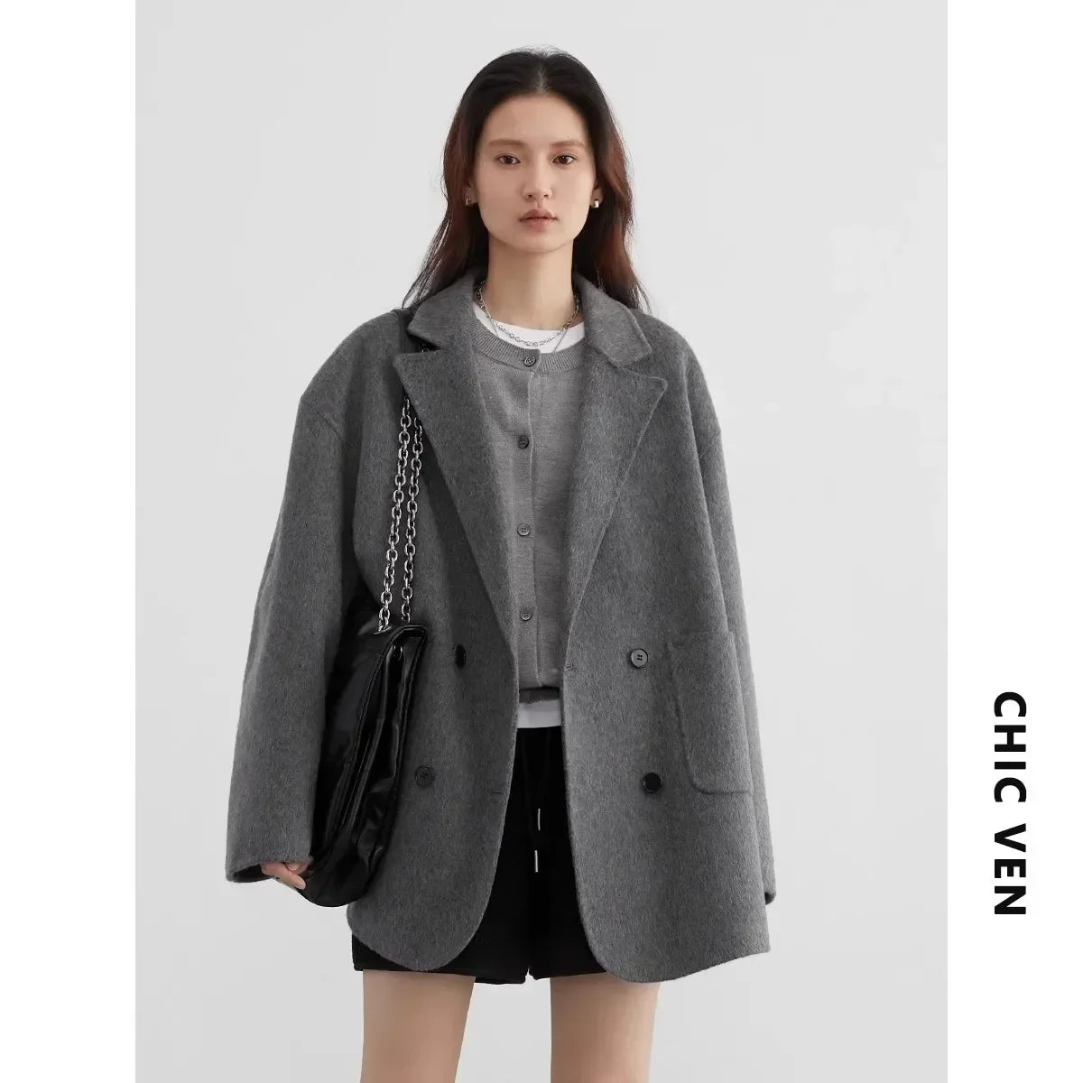 CHIC VEN Women's Woolen Coats Loose Casual Double Breasted Retro Double-sided Jacket Office Lady Outerwear Autumn Winter 2026 - Matrix-studios.com