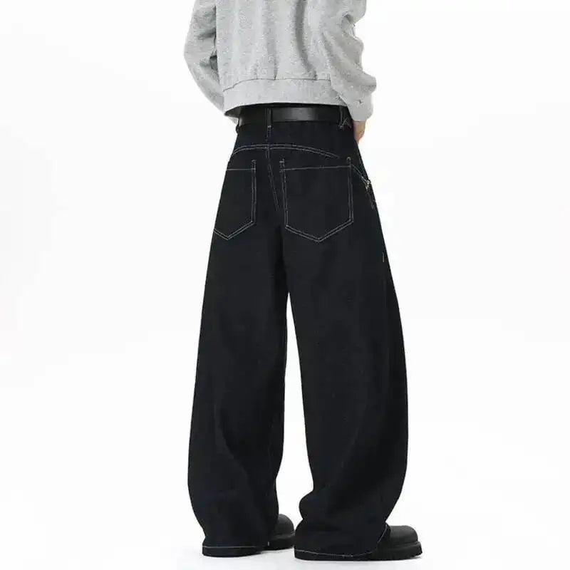 IEFB Korean Style Men's Jeans Solid Color Metal Buckle Casual Streetwear Straight Wide Leg Loose Male Denim Pants Fashion 9X270 - Matrix Studios