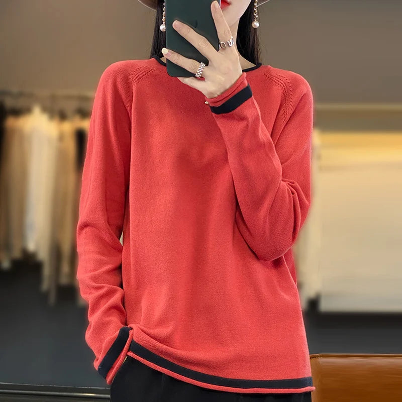 100% Cotton Knitwear Women's Round Neck Sweater Spring And Summer New Loose Color Matching Cotton And Linen Bottoming Shirt - Matrix Studios