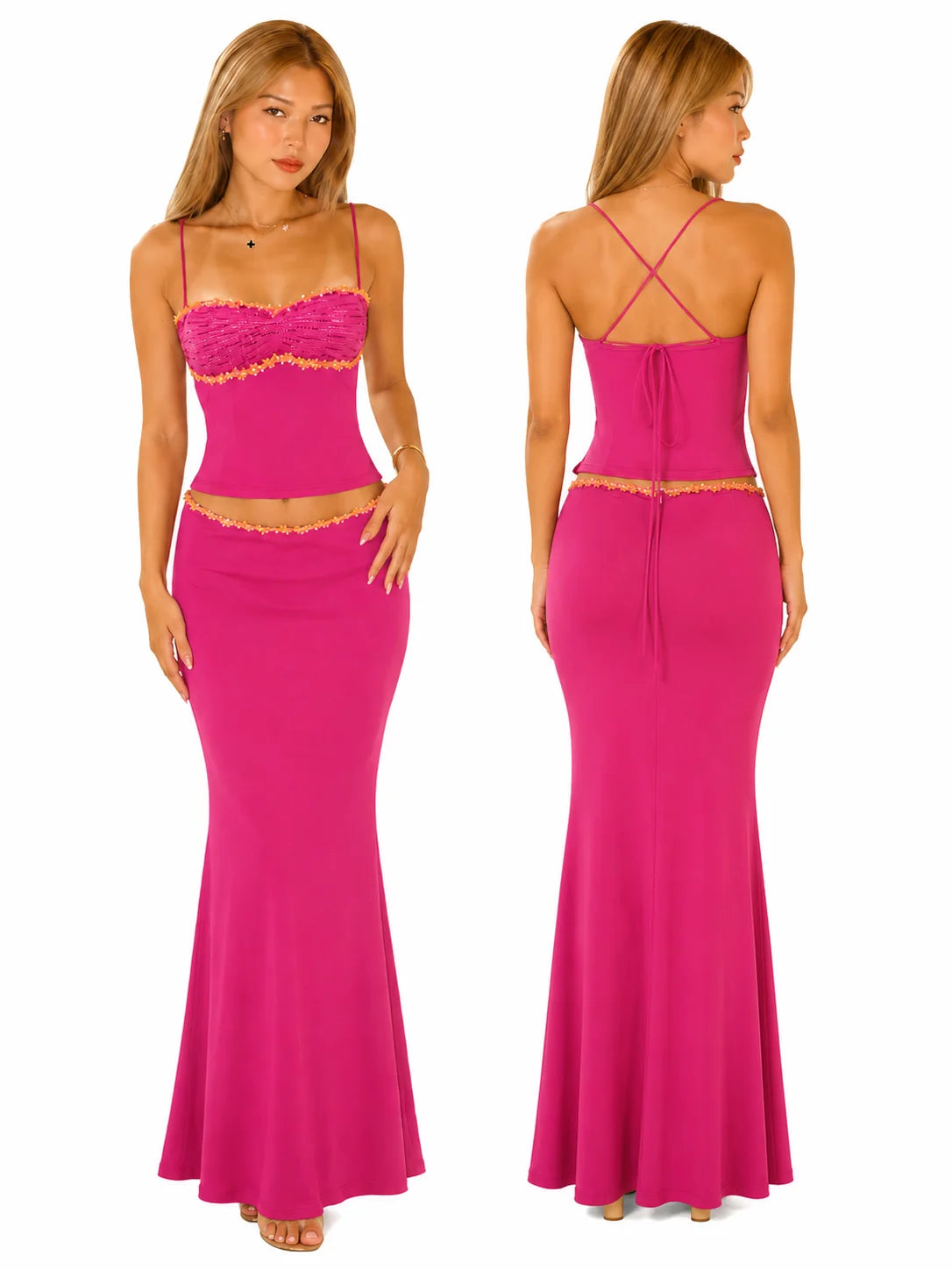 Women 2 Piece Outfit Spaghetti Strap Ruched Cami Top Floral Trim High Waist Mermaid Maxi Skirt Set Summer Beach Vacation Matching Outfits - Matrix-studios.com