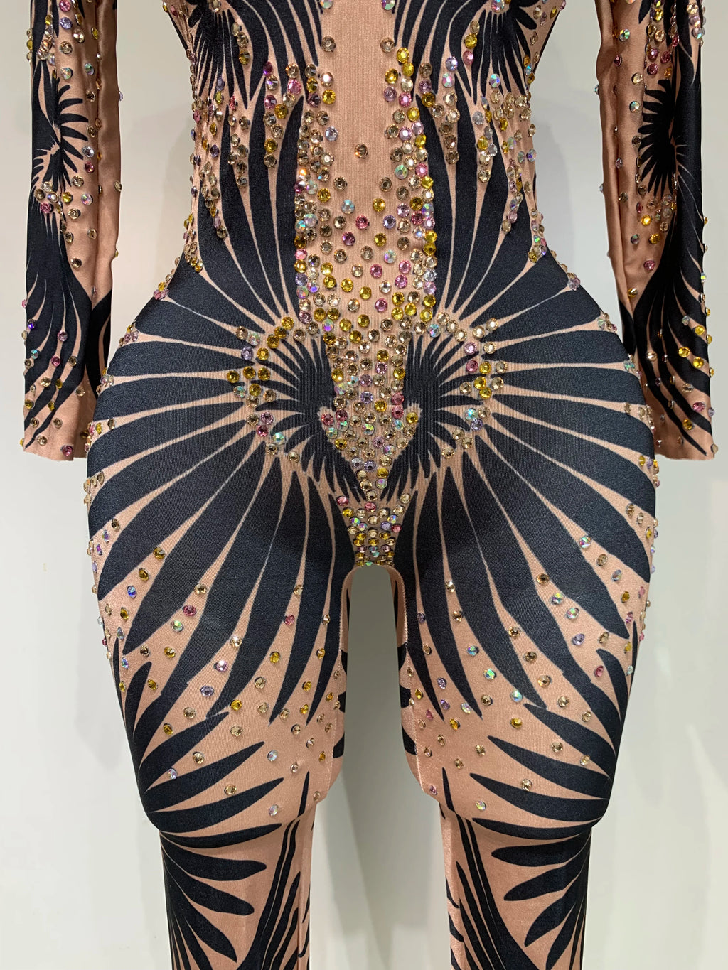 Sexy Long Sleeves Print Rhinestone Jumpsuits Drag Queen Show Stage Performance Costume Women Evening Party Nightclub Rompers - Matrix Studios