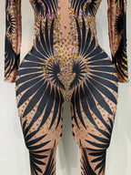 Sexy Long Sleeves Print Rhinestone Jumpsuits Drag Queen Show Stage Performance Costume Women Evening Party Nightclub Rompers - Matrix Studios