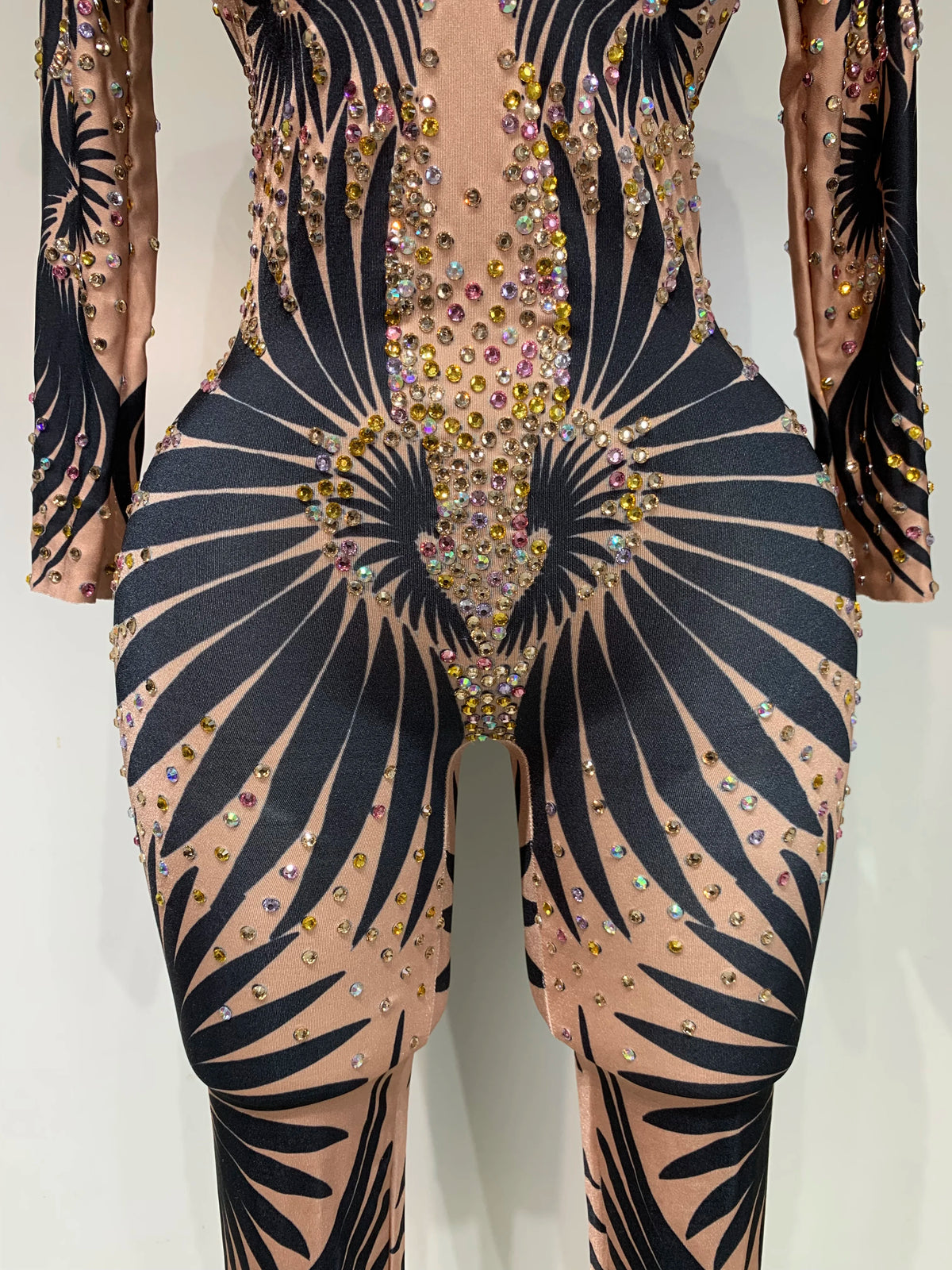Sexy Long Sleeves Print Rhinestone Jumpsuits Drag Queen Show Stage Performance Costume Women Evening Party Nightclub Rompers - Matrix Studios