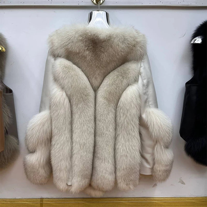 2024 Fox Fur New Coat Winter Jacket Women Natural Real Fur Genuine Leather Luxury Outwear Locomotive Thick Warm Female Down Coat - Matrix Studios