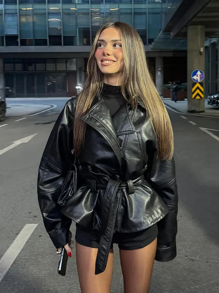 HH Women Fashion Black Short Faux Leather Trench Coat Long Sleeve Lapel Jacket With Belt Vintage Lady Motorcycle Jacket Outwear - Matrix Studios