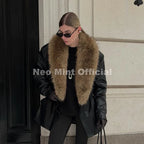 Neo Mint Luxury Brand Fashion Design Black Long Faux Leather Coat Women Detachable Fur Collar Oversized PU Leather Jacket Blazer - Matrix Studios