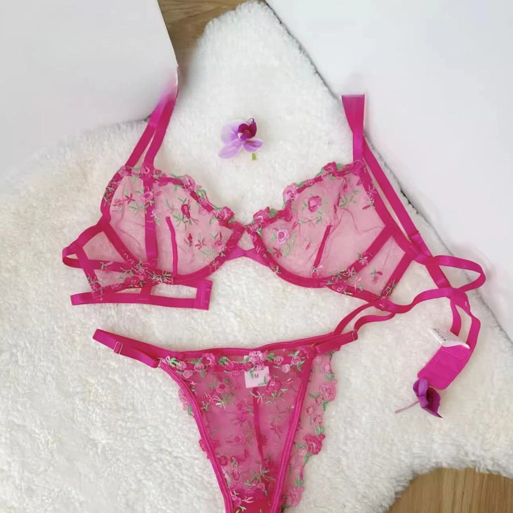YUQI French Elegant Lingerie Set-Floral Embroidery Semi-Transparent Bra & Brief,Black Sensual Women's Underwear Luxury Intimates - Matrix-studios.com