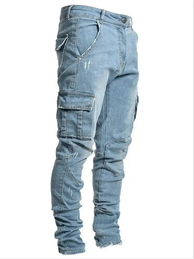 2026Jeans Men Pants Wash Solid Color Multi Pockets Denim Mid Waist Cargo Jeans Plus Size Fahsion Casual Trousers Male Daily Wear - Matrix Studios