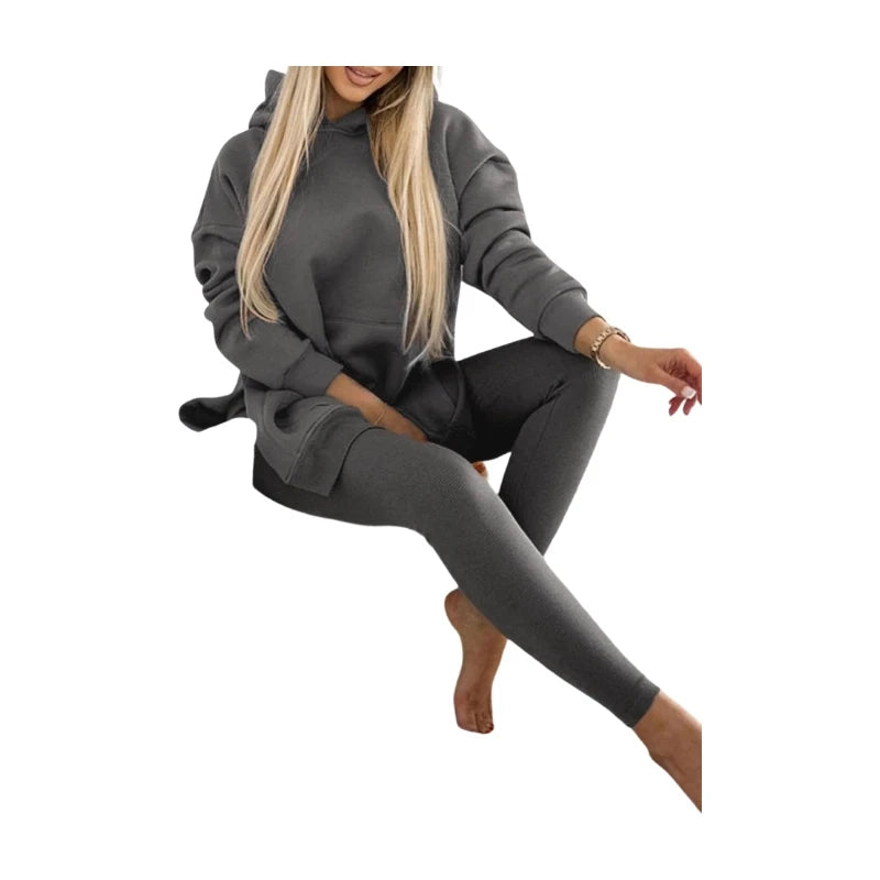 Pants Set Long Sleeve Hooded Pocket Loose Top High Waist Slim Leggings For Women Daily Home Fitness Jogging Outdoor Leisure Matching Outfit - Matrix-studios.com