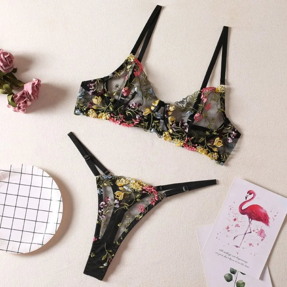 2-Piece Embroidery Lingerie Set Sexy Floral Sheer Wireless Bra Boho Bra Panty Set - Matrix-studios.com