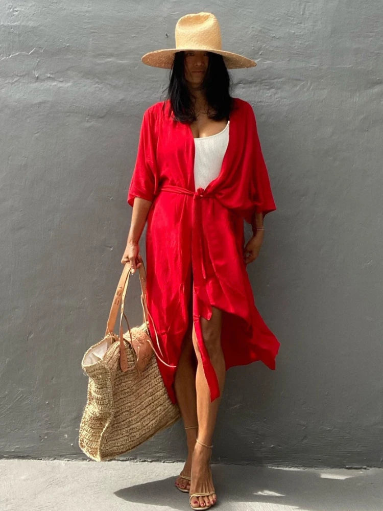 Beach Cover Up Kimono Women Summer 2022 New Pareo Swimsuit Cape Solid Bohemian Tunic Dresses Bathing Suits Dropshipping - Matrix Studios
