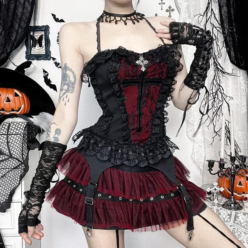 Vintage Mall Gothic Flocking Camisole Women Aesthetic Fairycore Grunge Y2k E-girl Lace Patchwork Beading Crop Tank Tops - Matrix-studios.com