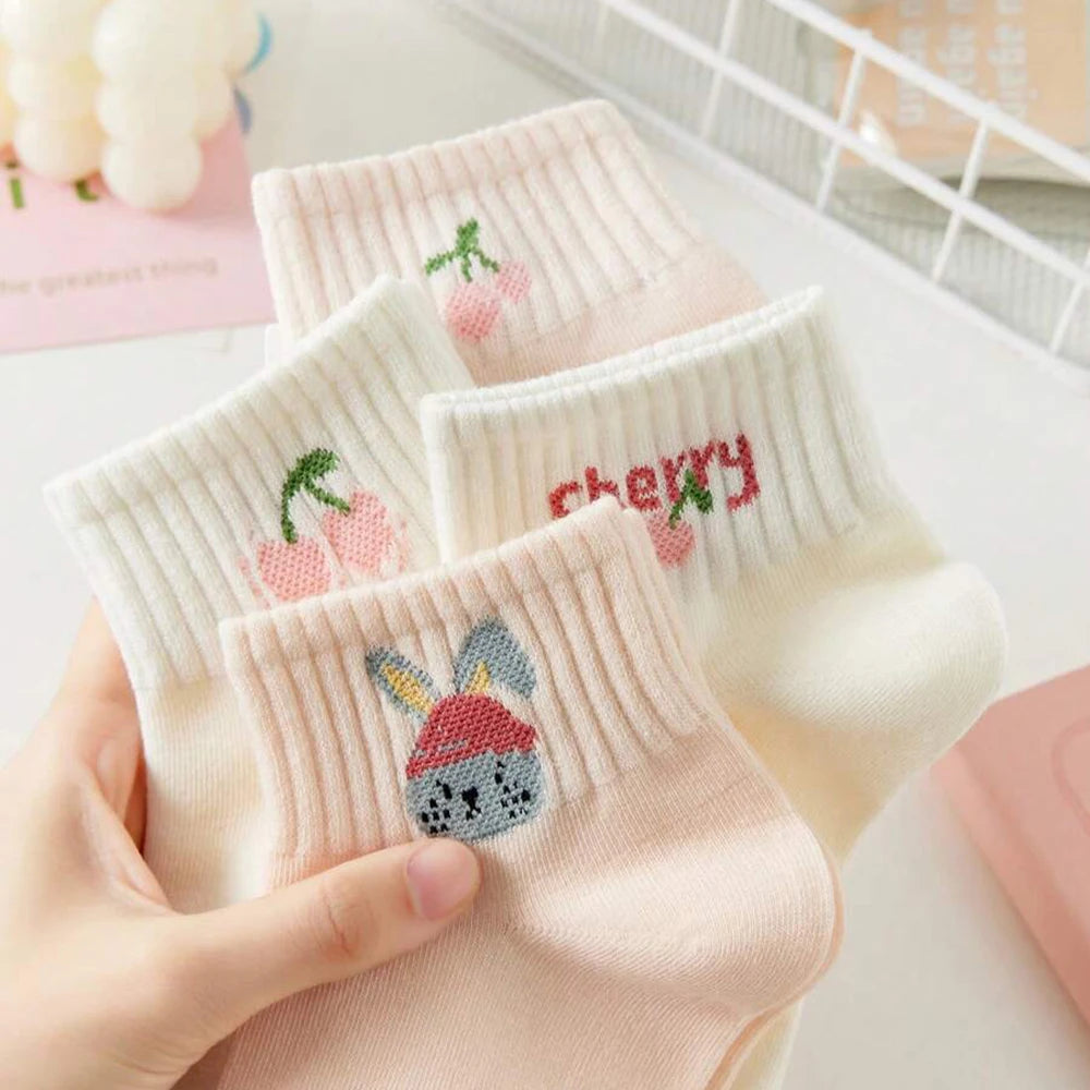 5/10 Pairs Women Striped Ankle Socks Fashionable Breathable Comfortable Spring Summer Cute Pink Fruit Pattern Casual Socks - Matrix Studios