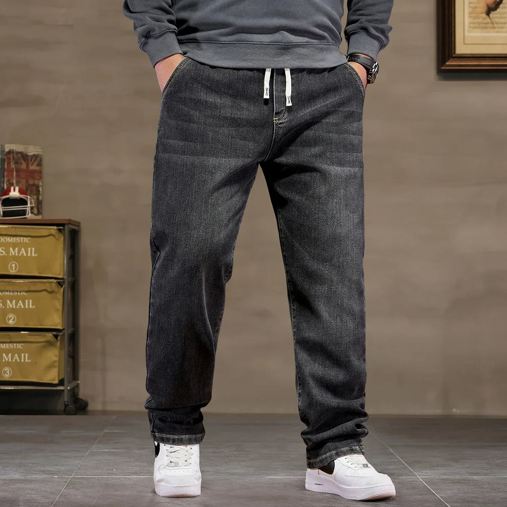 Extra Big Size Jeans Men High Elastic Waist Baggy Denim Pant Male Plus Large Loose Slim Fit Cowboy Trouser 8XL 6XL Classic Black - Matrix Studios