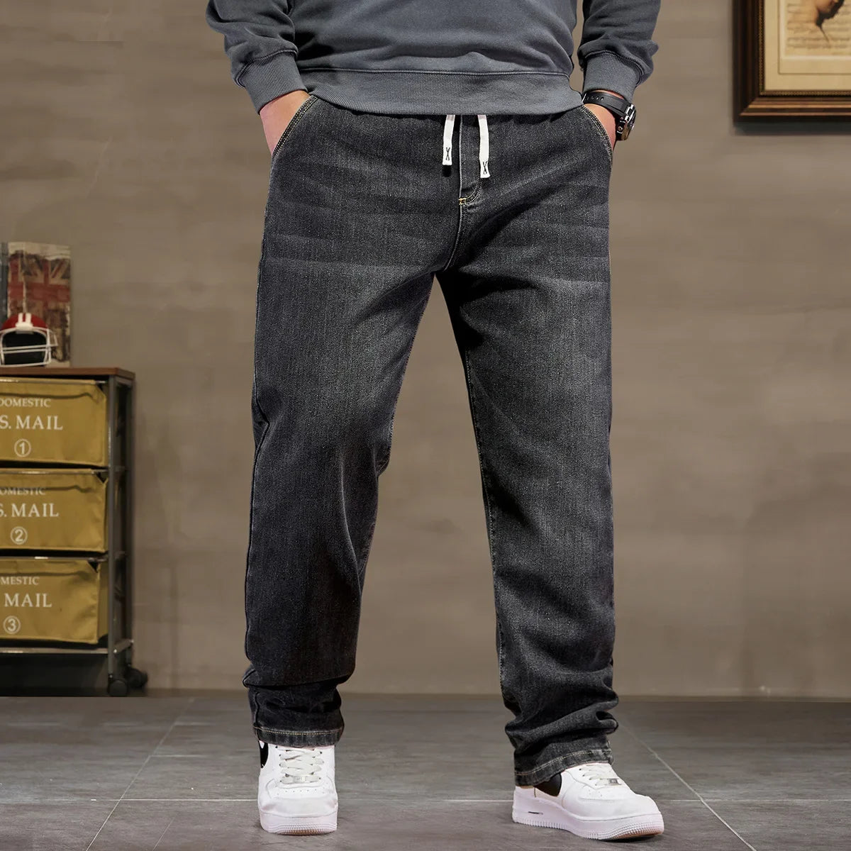 Extra Big Size Jeans Men High Elastic Waist Baggy Denim Pant Male Plus Large Loose Slim Fit Cowboy Trouser 8XL 6XL Classic Black - Matrix Studios