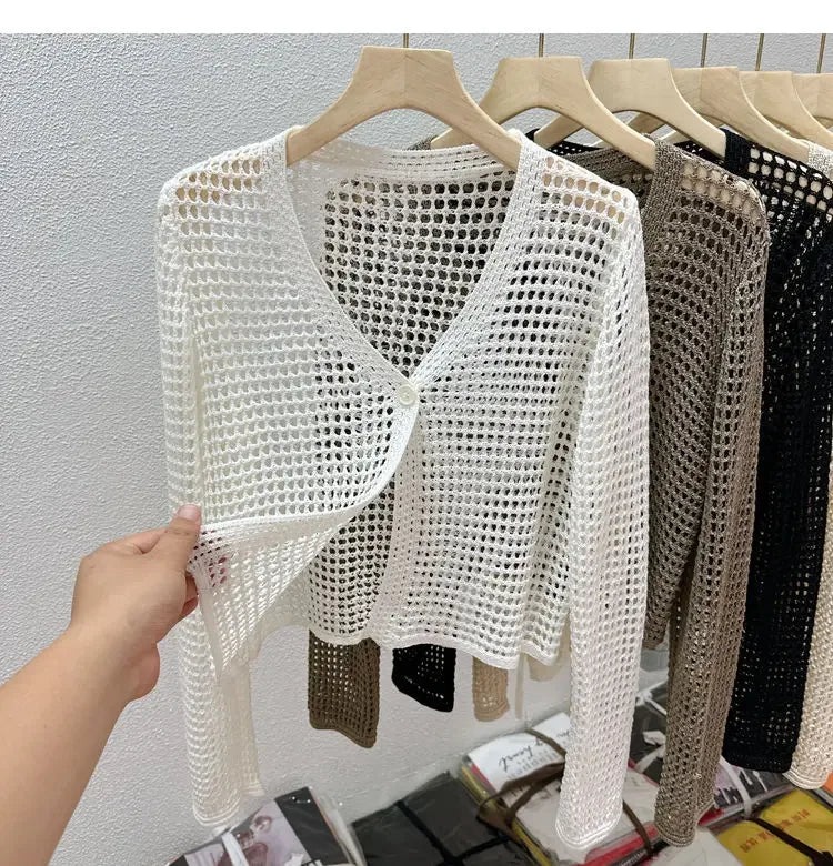 Single Button Crochet Mesh Cardigan for Women Semi Sheer Openwork Sunscreen Jacket Cover Up Summer Hollow-out Knitted Cardigan - Matrix Studios