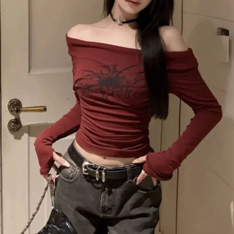 Women Y2K Gothic Grunge T Shirts Off Shoulder 2023 Autumn Streetwear Fairycore Hip Hop Tops Punk Casual Tees Female Clothes - Matrix-studios.com