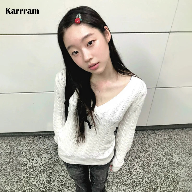 Karrram Japanese Y2k V-neck White Sweater Vintage Harajuku Knit Slim Pullover Korean Style Fall Winter Knitwear 2000s Aesthetics - Matrix Studios