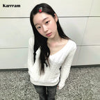Karrram Japanese Y2k V-neck White Sweater Vintage Harajuku Knit Slim Pullover Korean Style Fall Winter Knitwear 2000s Aesthetics - Matrix Studios