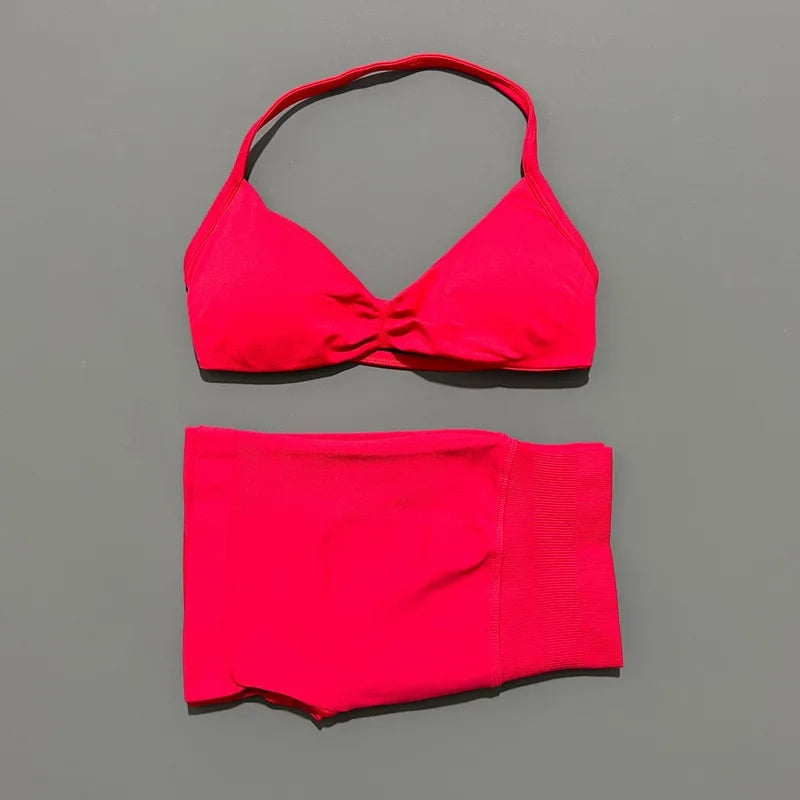 HISTELLO Gym Set 2 Piece Women Strappy Yoga Bra Top Workout Scrunch Shorts Sports Suit Fitness Clothes Seamless Yoga Set - Matrix-studios.com