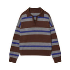 ETJ 2025 Autumn women's new line street style fashion yellow wide stripe polo neck loose version of long-sleeved sweater - Matrix-studios.com