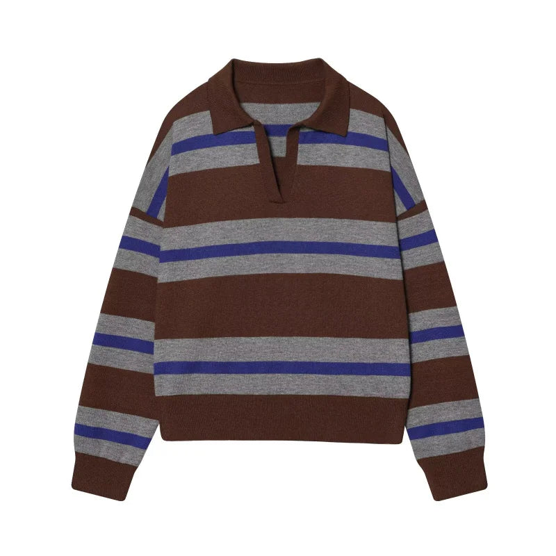 ETJ 2025 Autumn women's new line street style fashion yellow wide stripe polo neck loose version of long-sleeved sweater - Matrix-studios.com