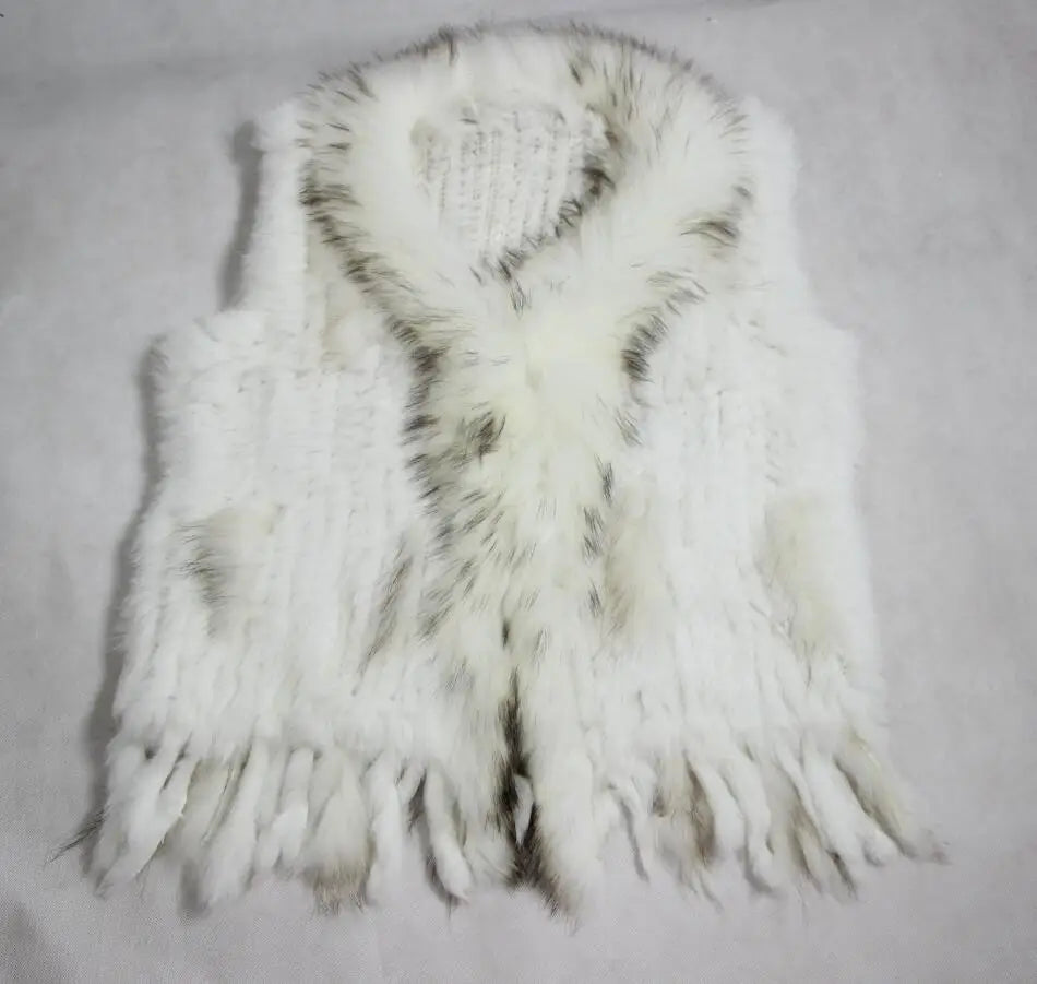 Harppihop womens natural real rabbit fur vest with raccoon fur collar waistcoat/jackets rex rabbit knitted winte - Matrix Studios