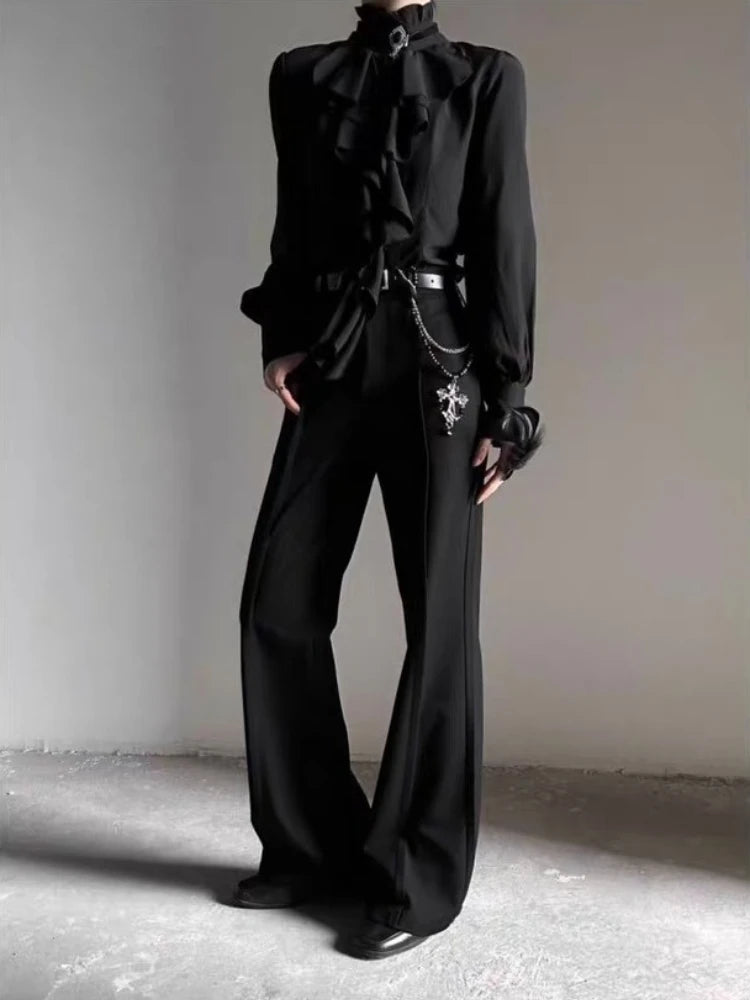 Deeptown White Ruffles Elegant Vintage Women Blouses Black Y2k Victorian Gothic Long Sleeve Stand Collar Shirts Loose Preppy - Matrix-studios.com