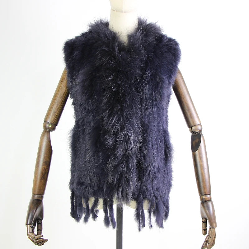 Harppihop womens natural real rabbit fur vest with raccoon fur collar waistcoat/jackets rex rabbit knitted winte - Matrix Studios