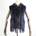 Harppihop womens natural real rabbit fur vest with raccoon fur collar waistcoat/jackets rex rabbit knitted winte - Matrix Studios