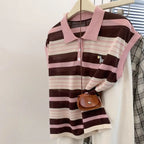 Stripe Short Sleeve T-Shirt Women's Summer Embroidered Ice Silk Loose Polo Blouse - Matrix-studios.com