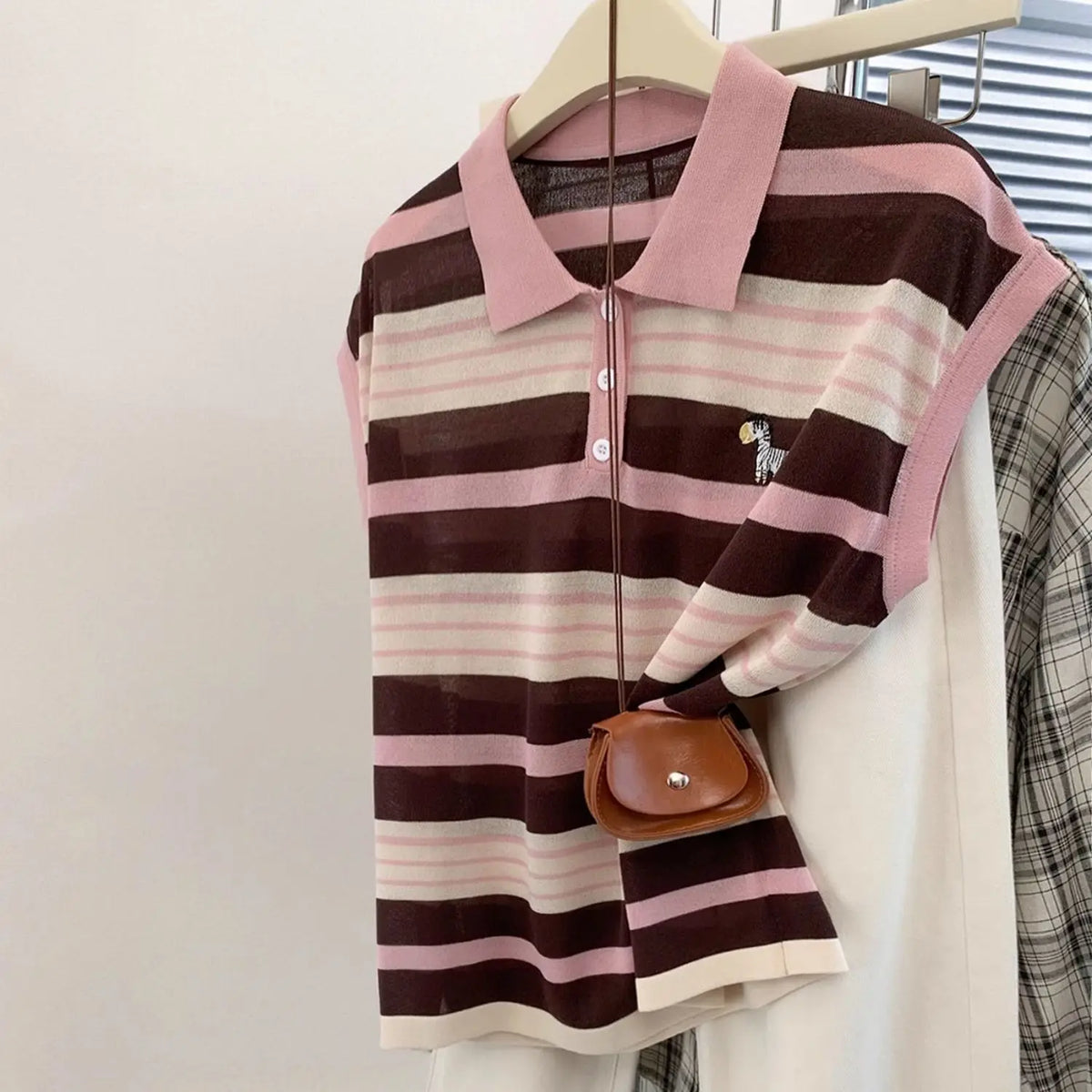 Stripe Short Sleeve T-Shirt Women's Summer Embroidered Ice Silk Loose Polo Blouse - Matrix-studios.com