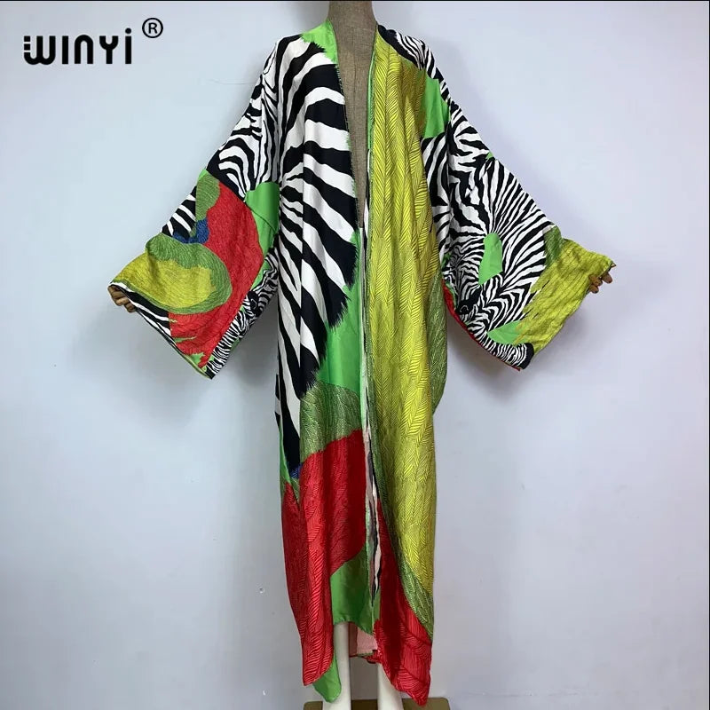 WINYI Catwalk Kimono Women Printed bubble hem coat Long Sleeve Cardigan abaya dubai luxury beachwear Cover Up boho dress Caftan - Matrix-studios.com